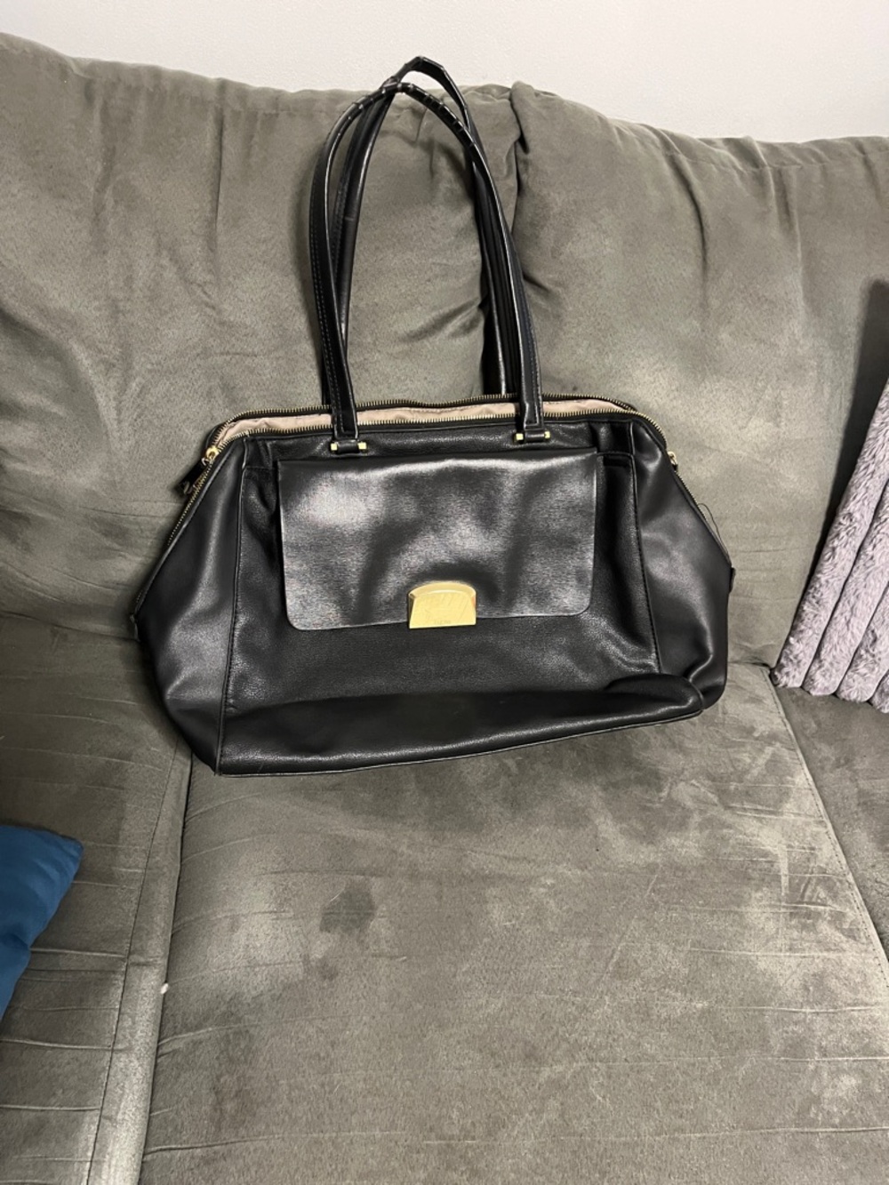Black Leather Tote Bag with Gold Accent